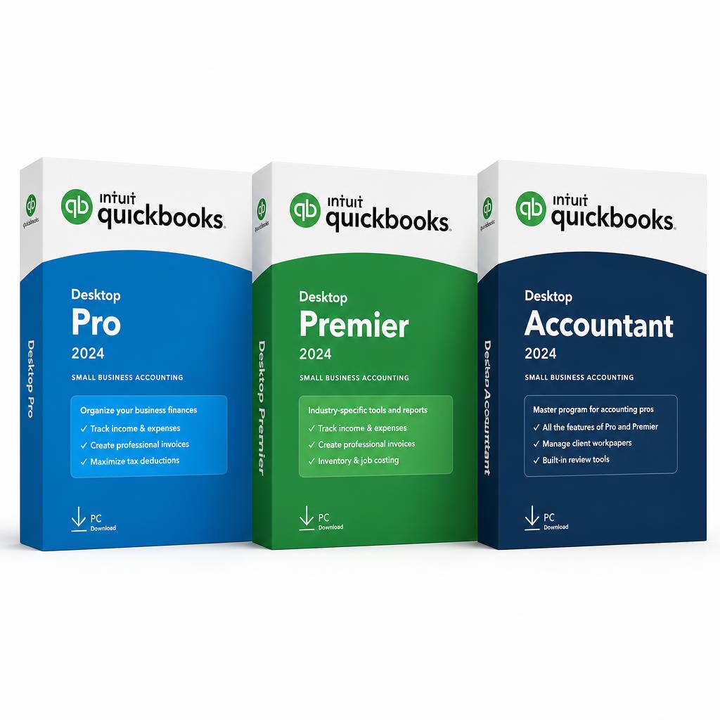 QuickBooks Desktop Pro, Premier and Accountant boxes side by side